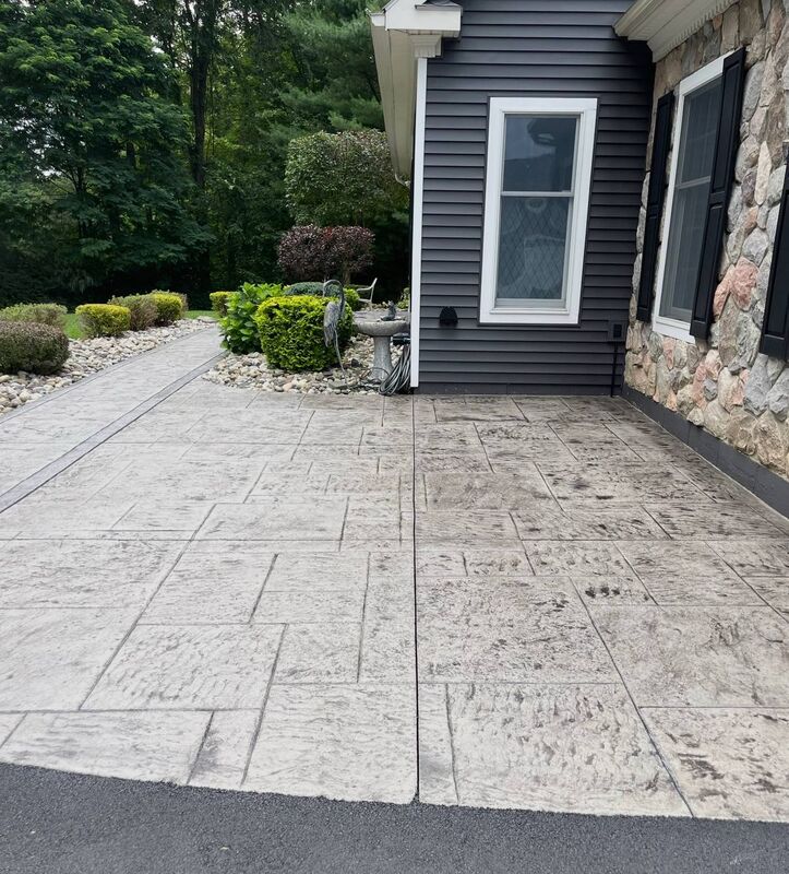 Ashlar front patio walkway garden beds